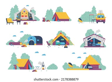 Atrapado y acampada confortable con mobiliario, ilustración vectorial plana aislada en fondo blanco. Tiendas acogedoras en el bosque con bonificador. Actividades recreativas de verano.