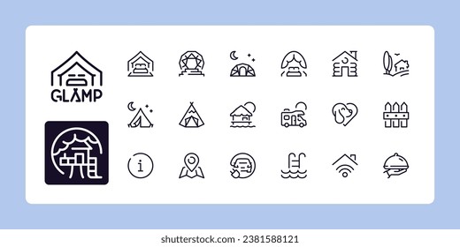 Juego de iconos de la línea de glamping y camping. Colección de símbolos de esquema. Razo vector modificable. 384 y 192 Pixel Perfect escalable a 96px, 48px...