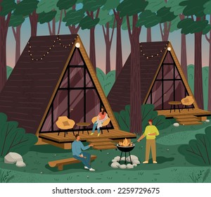 Glamping and camping in nature, vector poster with A-frame house. Luxury aframe house for recreation outdoors. Travel ourdoor and adventure concept