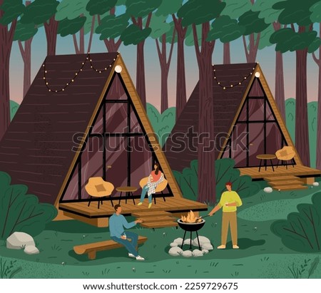 Glamping and camping in nature, vector poster with A-frame house. Luxury aframe house for recreation outdoors. Travel ourdoor and adventure concept