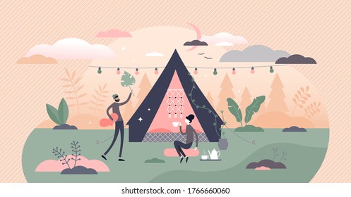 Glamping, camping and outdoor romantic activity in flat tiny persons concept vector illustration. Outdoor picnic holiday with accommodation in romantic tourist forest tent. Couple relaxation in nature