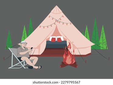 Glamping, camping and outdoor romantic activity in flat tiny persons concept vector illustration. Outdoor picnic holiday with accommodation in romantic tourist forest tent. Couple relaxation in nature