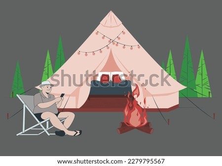 Glamping, camping and outdoor romantic activity in flat tiny persons concept vector illustration. Outdoor picnic holiday with accommodation in romantic tourist forest tent. Couple relaxation in nature