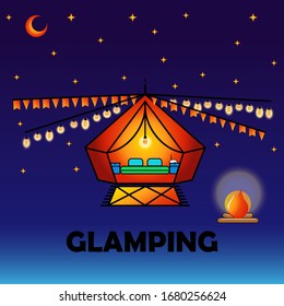 Glamping or camping with a tent icon and glowing light bulbs in bright modern colors, isolated on a bright orange background. Comfort, wifi. EPS 10 vector.