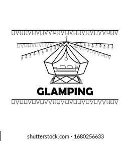 Glamping or camping with a tent and light bulbs icon in black isolated on a white background. Comfort, wi-fi. EPS 10 vector.