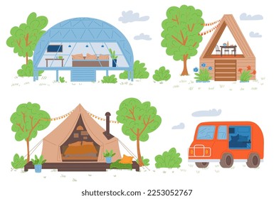 Glamping and car camping banners collection with tourist vans and tents, flat vector illustration isolated on white background. Summer comfortable rest in nature concept.