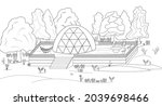 Glamping coloring book. A glamorous camping area in the shape of a sphere for outdoor recreation with a hammock and a playground against the background of forest and flowers. For the design of a page