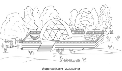 Glamping coloring book. A glamorous camping area in the shape of a sphere for outdoor recreation with a hammock and a playground against the background of forest and flowers. For the design of a page