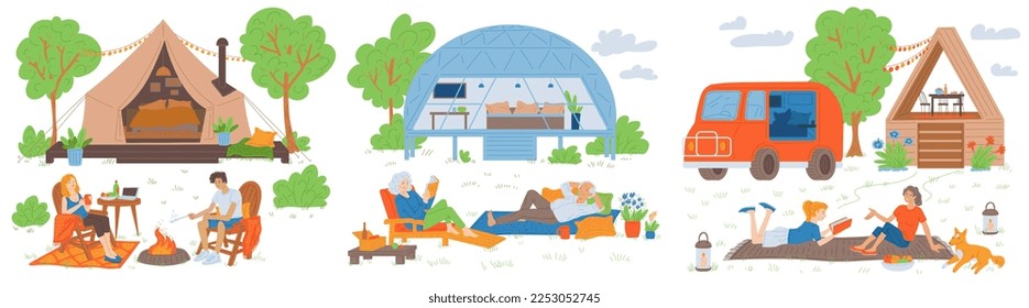 Glamping comfortable rest and relax in nature banners with cartoon people characters set, flat cartoon vector illustration isolated on white background.