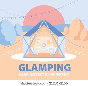 Concepto de glamping ilustración vectorial plana, acampada de lujo en el soleado bosque 