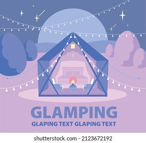 Glamping concept flat vector illustration, luxury camping in the lunar forest 