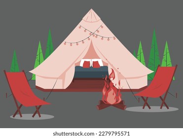 Glamping Eco camp vector poster. Modern yurt camping nestled in forest and mountains. Travel, rest and adventure on nature concept. Tent house, bonfire over natural landscape