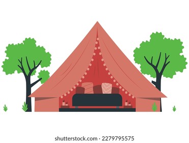 Glamping Eco camp vector poster. Modern yurt camping nestled in forest and mountains. Travel, rest and adventure on nature concept. Tent house, bonfire over natural landscape