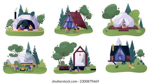 Glamping flat composition set with modern recreation lounges isolated vector illustration