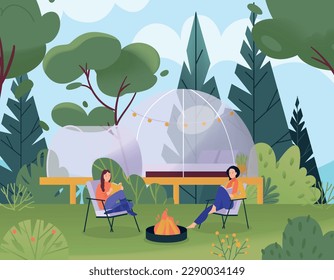 Glamping flat concept with girls sitting near campfire and transparent bubble tent on background vector illustration