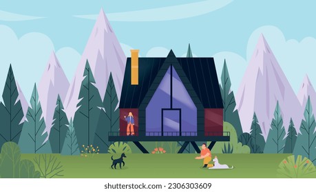 Glamping flat concept with modern house and mountain forest on background vector illustration