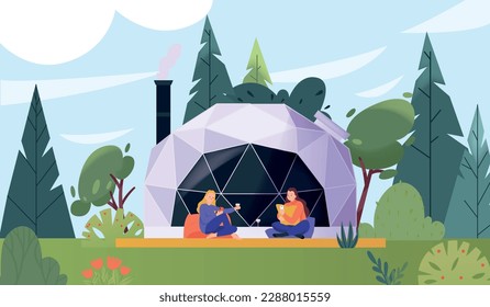 Glamping flat concept with people seating outside modern camping lounge tent vector illustration