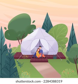 Glamping flat concept with young couple sitting near bubble tent vector illustration