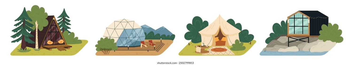 Glamping in forest, on river or in mountains scene