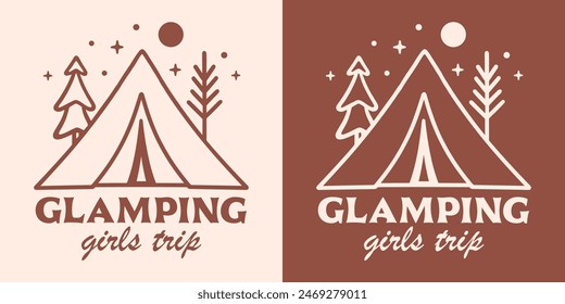 Glamping chicas viaje a juego camiseta diseño ropa glamorosa camping camper citas imprimir insignia. Tienda linda de madera de bosque nocturno estrellado dibujo boho Ilustración vectorial estética imprimible retro.