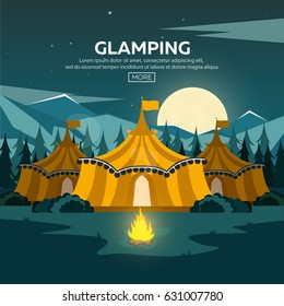 Glamping. Glamor camping. Campfire. Pine forest and rocky mountains. Evening Camp