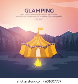 Glamping. Glamor camping. Campfire. Pine forest and rocky mountains. Evening Camp