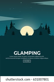 Glamping. Glamor camping. Campfire. Pine forest and rocky mountains. Evening Camp