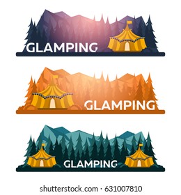 Glamping. Glamor camping. Campfire. Pine forest and rocky mountains. Evening Camp