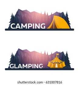Glamping. Glamor camping. Campfire. Pine forest and rocky mountains. Evening Camp