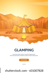 Glamping. Glamor camping. Campfire. Pine forest and rocky mountains. Evening Camp