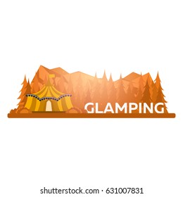 Glamping. Glamor camping. Campfire. Pine forest and rocky mountains. Evening Camp