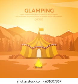 Glamping. Glamor camping. Campfire. Pine forest and rocky mountains. Evening Camp