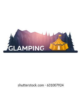 Glamping. Glamor camping. Campfire. Pine forest and rocky mountains. Evening Camp