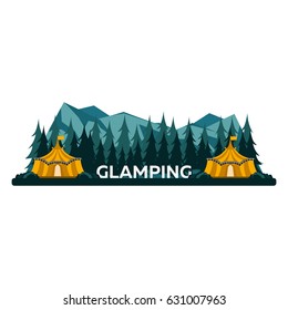Glamping. Glamor camping. Campfire. Pine forest and rocky mountains. Evening Camp