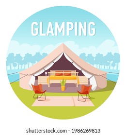 Glamping or Glamor camping. Modern comfortable tent with forest and clouds on background. Recreation in wild nature with facilities. Flat style concept banner, vacation and travel concept