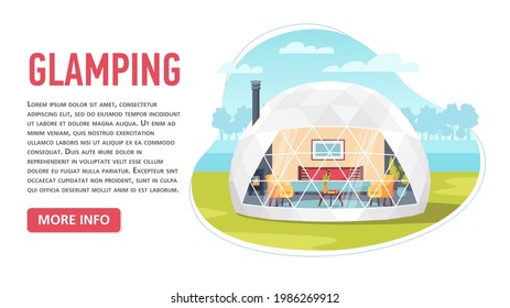 Glamping oder Glamour Camping. Modernes komfortables Zelt mit Wald und Wolken auf dem Hintergrund. Freizeit in freier Natur mit Einrichtungen. Konzept-Banner im Flachstil, Urlaubs- und Reisekonzept. Einzeln auf