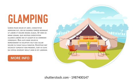 Glamping or Glamor camping. Modern comfortable tent with forest and clouds on background. Recreation in wild nature with facilities. Flat style concept banner, vacation and travel concept