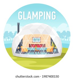 Glamping oder Glamour Camping. Modernes komfortables Zelt mit Wald und Wolken auf dem Hintergrund. Freizeit in freier Natur mit Einrichtungen. Konzept-Banner im Flachstil, Urlaubs- und Reisekonzept. Einzeln auf