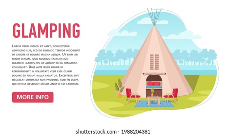 Glamping or Glamor camping. Modern comfortable tent with forest and clouds on background. Recreation in wild nature with facilities. Flat style concept banner, vacation and travel concept