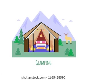 Glamping - glamorous camping. Living in wild nature with facilities. Vacation and holiday concept. Vector illustration.