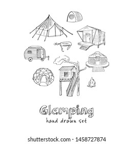 Glamping hand drawn doodle set. Vector illustration. Isolated elements on chalkboard background. Symbol collection.