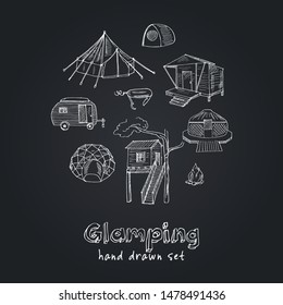 Glamping hand drawn doodle set. Vector illustration. Isolated elements on chalkboard background. Symbol collection.