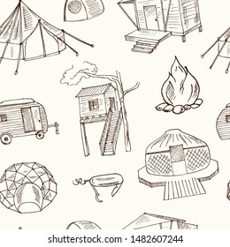 Glamping hand drawn doodle set. Vector illustration. Isolated elements on white background. Symbol collection.