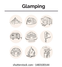 Glamping hand drawn doodle set. Vector illustration. Isolated elements on white background. Symbol collection.