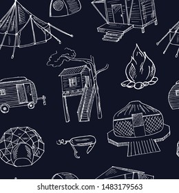 Glamping hand drawn doodle set. Vector illustration. Seamless pattern on chalkboard background. Symbol collection.