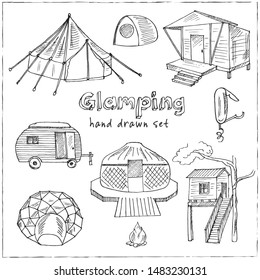 Glamping hand drawn doodle set. Vector illustration. Isolated elements on white background. Symbol collection.