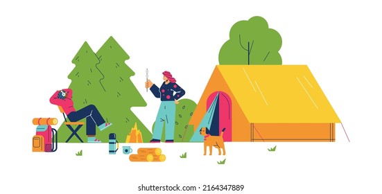 Glamping holiday scene with women enjoying comfortable outdoor vacation, flat cartoon vector illustration isolated on white background. Glamping vacation in nature.