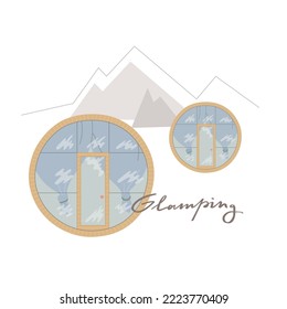 Glamping house like wood barrel for rent. Round window hut for outdoor rest. Active leisure time with hiking at mountains.