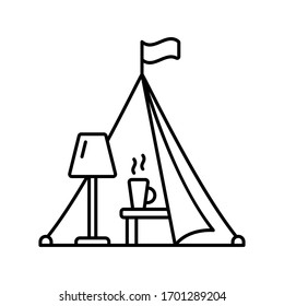 Glamping Icon. Linear Logo Of Camping With Urban Comfort. Black Simple Illustration Of Tent With Lamp, Table, Mug. Contour Isolated Vector Image On White Background