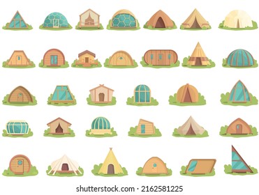 Glamping icons set cartoon vector. Tent adventure. Architecture camping